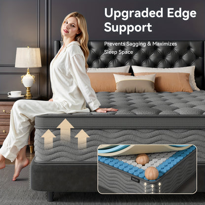 [Hybrid Mattress] 8/10/12 Inch Mattress In Twin, Full, Queen, And King Sizes - Ergonomically Designed, Medium Firm Hybrid Mattress, Offering Luxurious Comfort With Pocket Springs, Grey Quilted Cover, Bed Mattresses