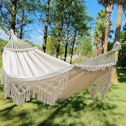 Tusheng Bohemian Style Hammock with Fringe, Blend Fabric, Extra Thick Ropes, 450lb Capacity, Outdoor/Garden/Patio/Wedding Decor, Includes Carry Bag