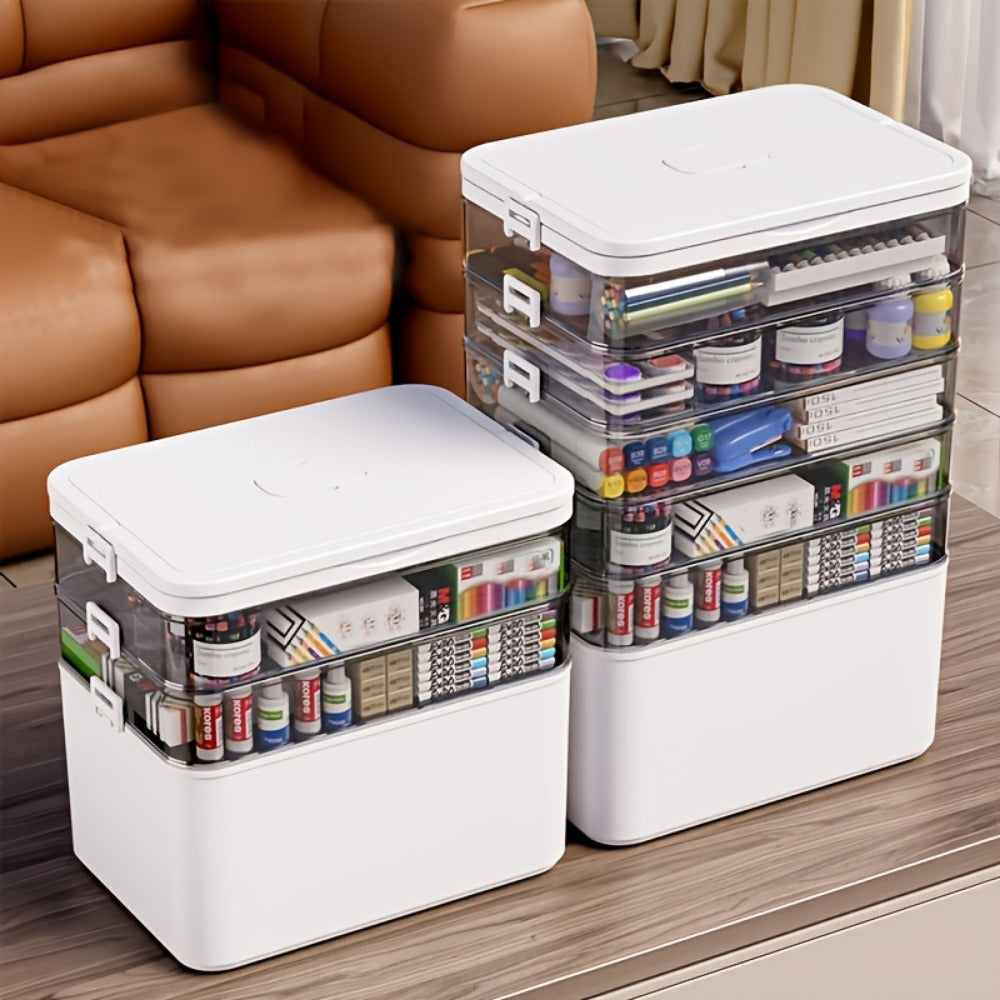 Large Capacity Multi-Layer Transparent Storage Box with Handle, Portable Durable Organizer for Medicine, Office Supplies, Sewing, Bathroom & Travel, Easy to Clean