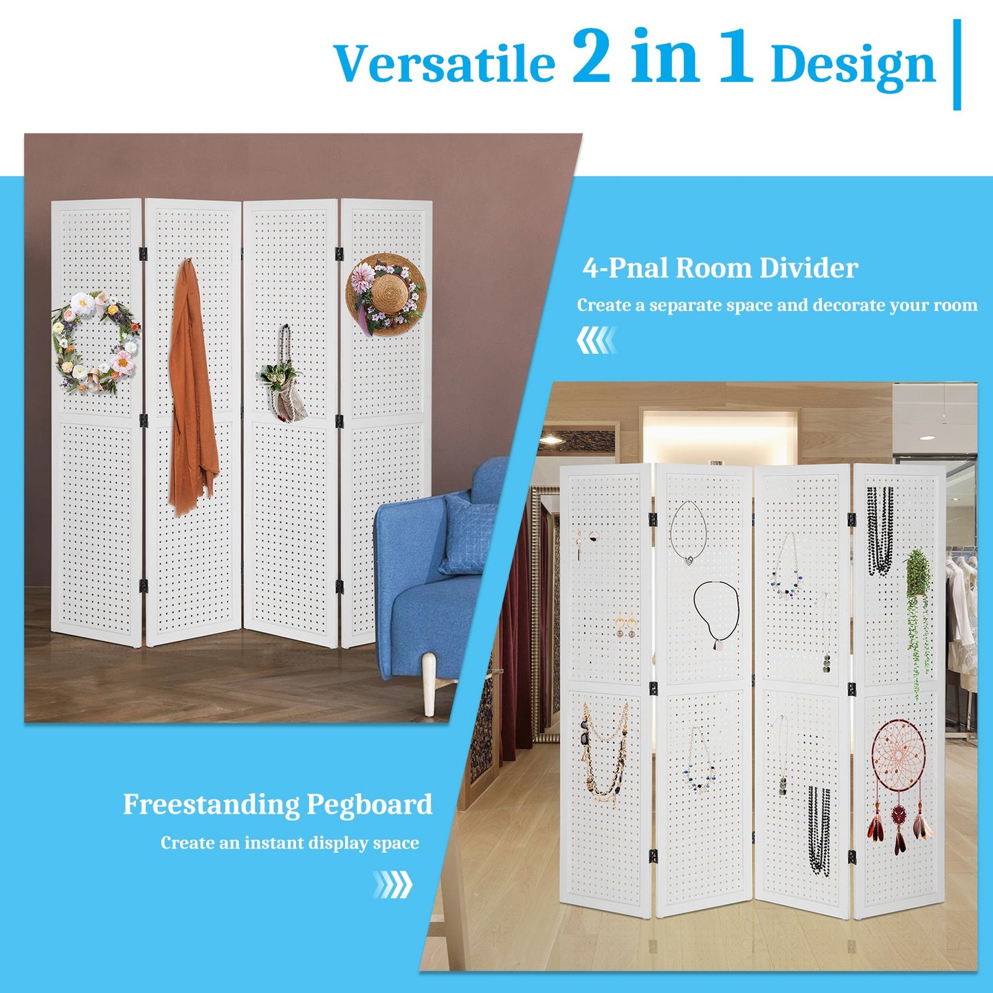 VINGLI Freestanding Pegboard with Support Feet, 5 FT Wood Room Divider Display Board Organizer, Folding Privacy Screen Partition Space Separator for Craft Shows Events Retail
