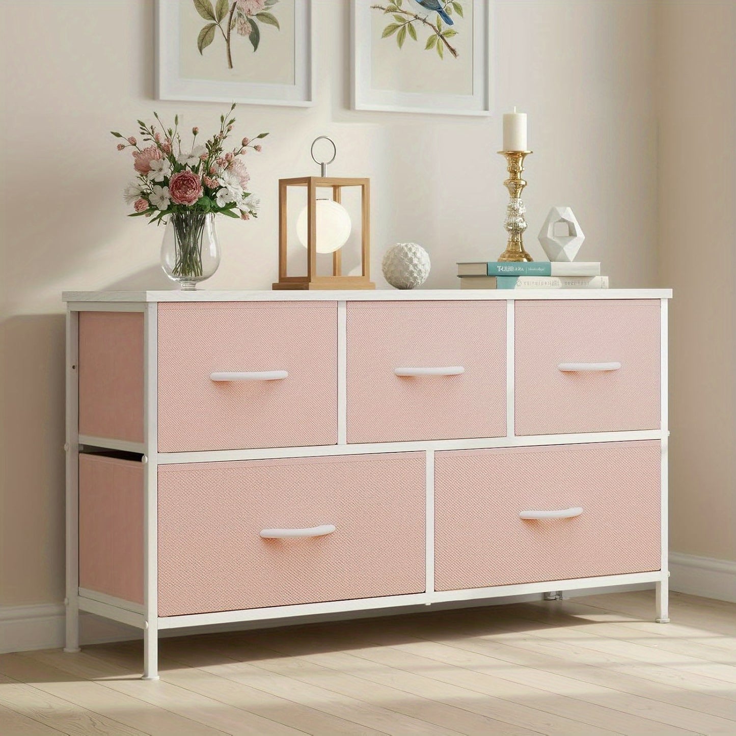 5-Drawer Dresser for Bedroom, Wide Fabric Storage Chest with Drawer Organizer & 2 Fabric Bins, Organizer Unit for Closet, Living Room, Hallway
