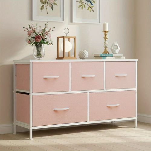5-Drawer Dresser for Bedroom, Wide Fabric Storage Chest with Drawer Organizer & 2 Fabric Bins, Organizer Unit for Closet, Living Room, Hallway