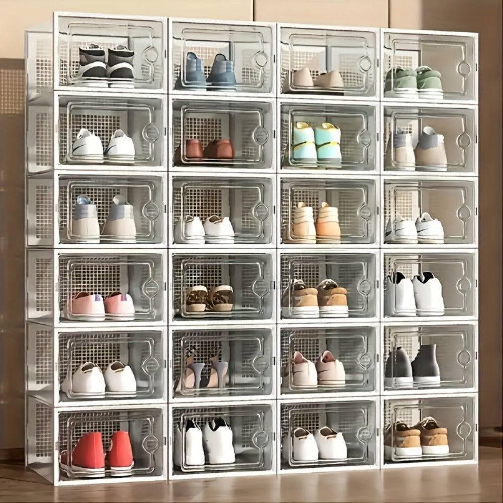 Transparent Shoe Boxes with Lid Stackable Foldable Clear Shoe Storage Organizer Set 6 12 24 Pcs Space Saving Plastic Shoe Containers for Closet Bedroom Entryway Dorm