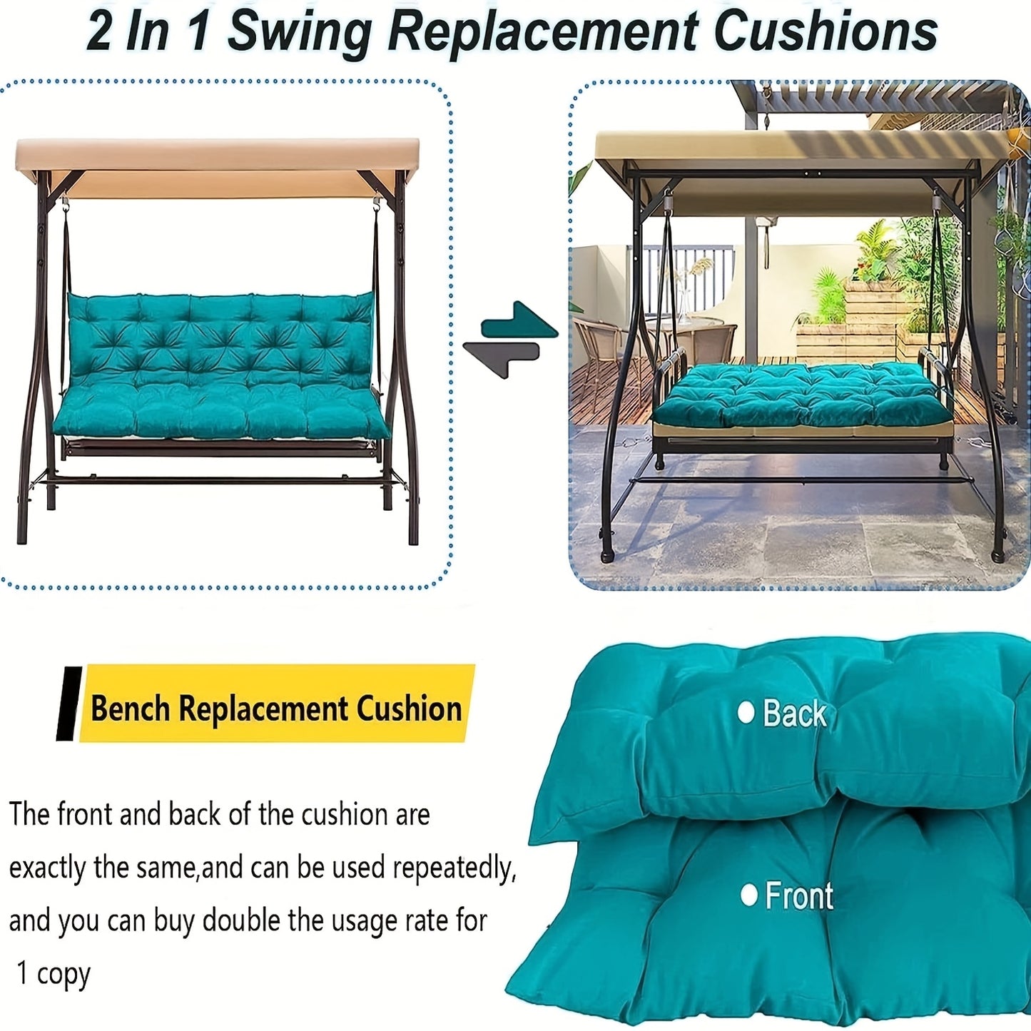 Replacement Outdoor Swing Cushions, Waterproof Cushions for 2-3 Person Swings, Washable Cushions for Outdoor Patio And Porch Furniture