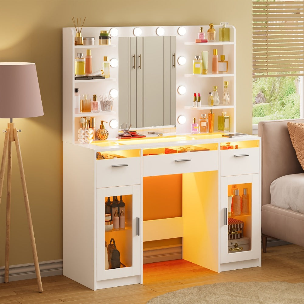 Vanity Desk with Lighted Mirror Power Strip and 10 Bulbs - Makeup Table with 2 Drawers Storage Cabinet 3-Color Adjustable Lighting in White