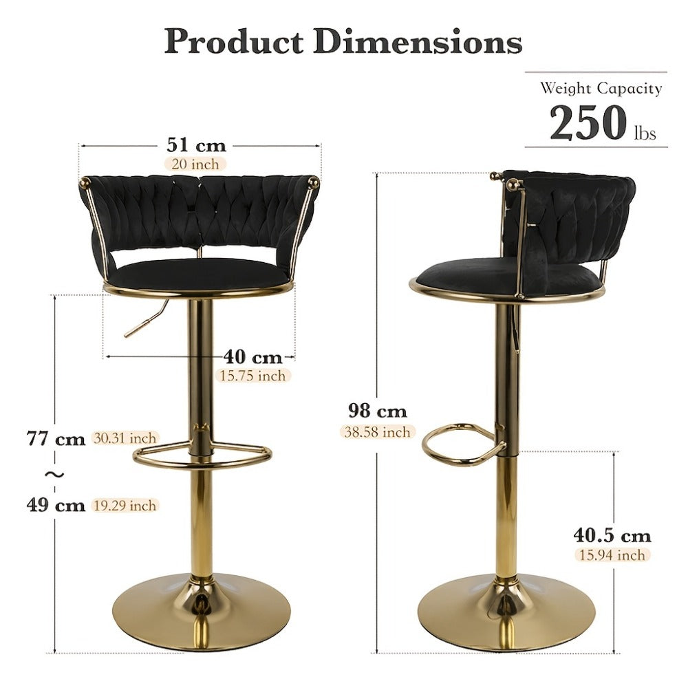 Velvet Bar Stools Set of 2 or 4 Swivel 360° Adjustable Height Counter Stools with Back Gold Metal Base Kitchen Island Dining Room Woven Velvet Black Beige Green