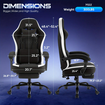 Computer Game Chair - Ergonomic Office Chair with Foot and Lumbar Support, Height Adjustable Work Chair, Headrests, Armrests, and Rollers