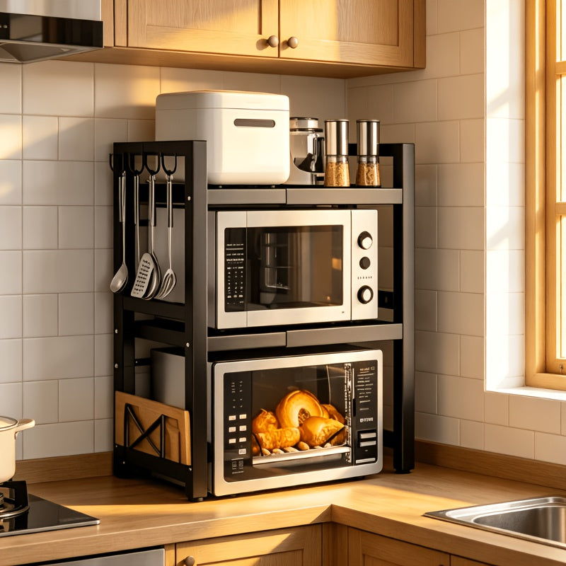 Space-Saving Adjustable Microwave Shelf, Multi-Functional Kitchen Counter Shelf. Thickened Metal, Strong Load Capacity. Easy Assembly, Available In Single Or Double Layer. Adjustable From 16 -24in. Suitable for Microwave, Cookware, And Spice Storage