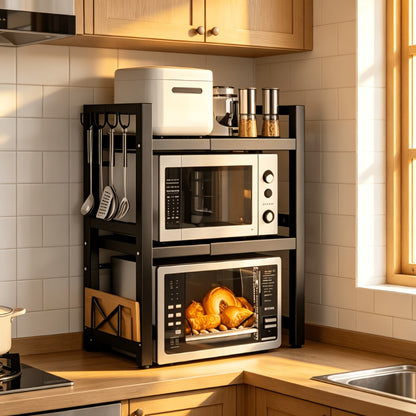 Space-Saving Adjustable Microwave Shelf, Multi-Functional Kitchen Counter Shelf. Thickened Metal, Strong Load Capacity. Easy Assembly, Available In Single Or Double Layer. Adjustable From 16 -24in. Suitable for Microwave, Cookware, And Spice Storage
