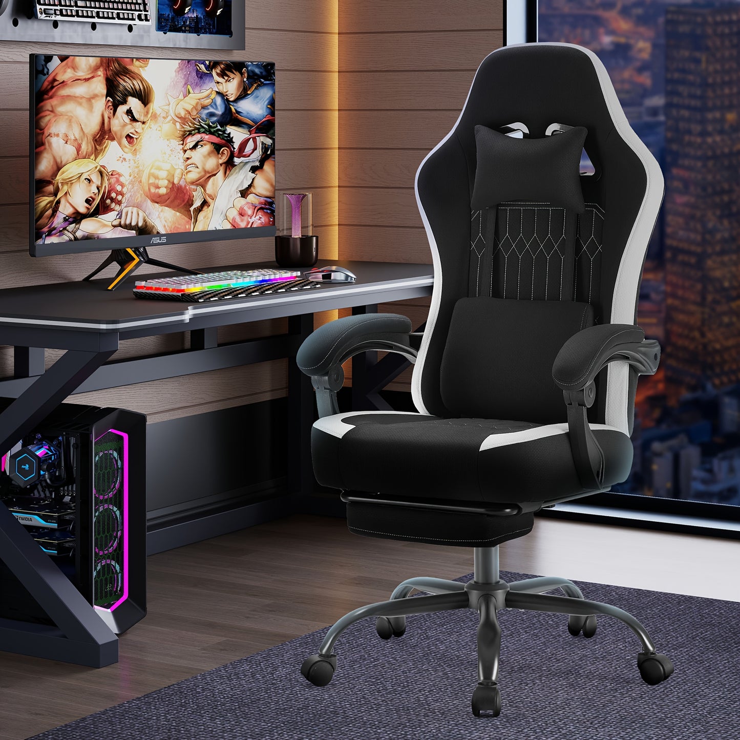 Ergonomic Gaming Chair | High Back, Flip-up Armrest, Wheeled, Height Adjustable 360°-Swivel, Sponge Filled, Solid Back Style, Synthetic Faux Leather, Lumbar Support, Manual Recliner, Wipe Clean - ANTONIA