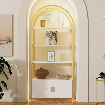71" Industrial Arched Bookshelf with Doors - Sturdy Metal Frame, Freestanding Display Shelving Unit for Home & Outdoor Leisure