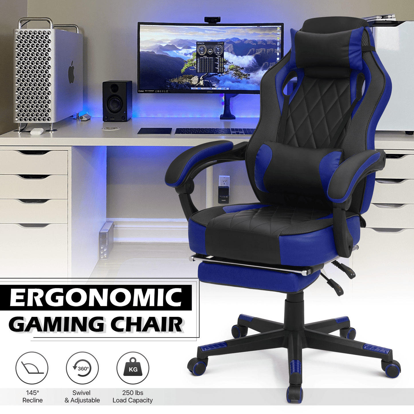 Ergonomic Gaming Chair with Retractable Footrest & Detachable Lumbar Support 360 Degree Swivel Racing Style PU Leather Computer Gaming Chair with Headrest for Home Bedroom Office