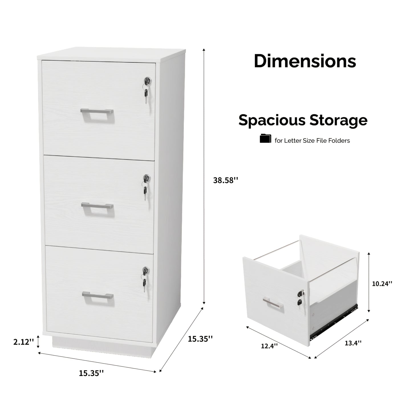 Bonnlo 3-Drawer Lockable File Cabinet - Wood Filling Organizer with 2 Drawers, 27" Height, 3, 2 Cu Ft Storage, Contemporary Style for Home Office, Durable Artificial Wood & Metal Handles, No Assembly Required, File Storage Cabinet, Modern Office Furniture