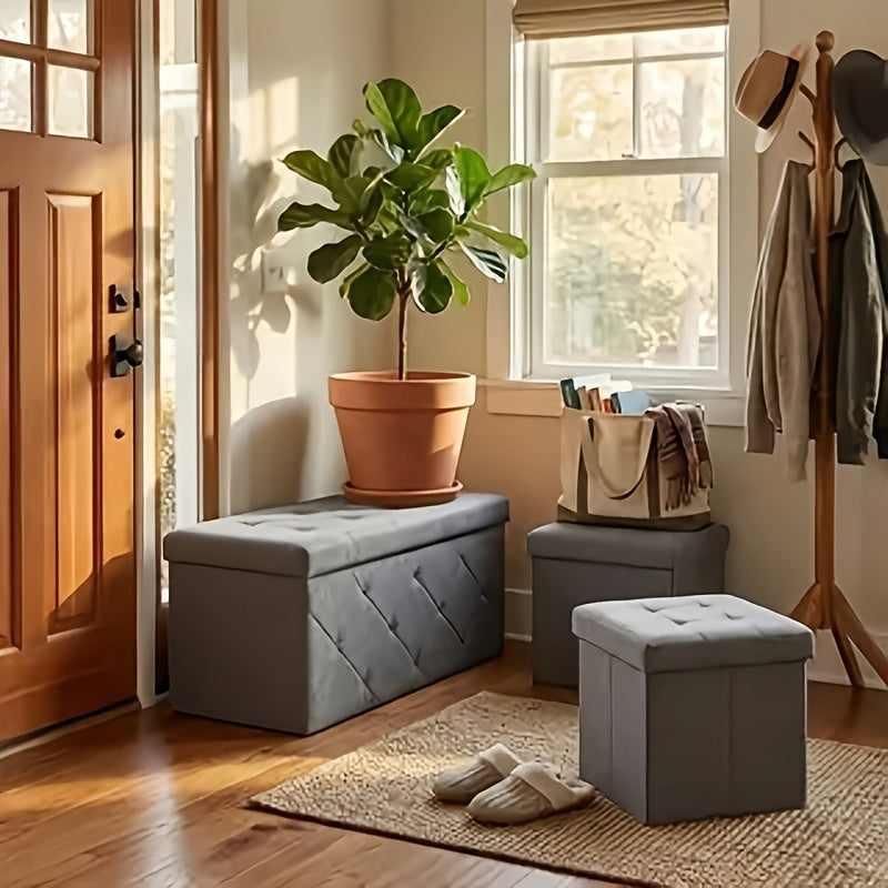 Heavy Duty Multifunctional Folding Storage Footstool Bench with Seat Cushion, Storage And Organization, Waterproof And Easy to Clean Surface-Suitable for Storage Of Living Rooms, Bedrooms, Terraces, Gardening Tools-Grey Storage Bench