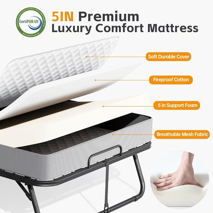 Folding Bed Portable Roll Away Guest Bed 75x31 Inch 4-Section Fold Flat with Sturdy Metal Frame, Wheels & Grey Fabric Cover - Adult Sleeping Bed for Guest Room, Camping, Dorm, Small Apartment