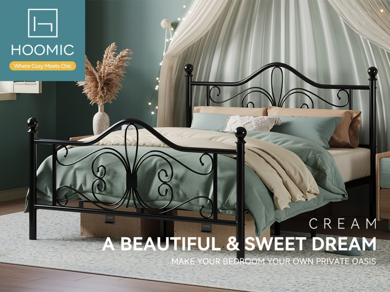 Metal Platform Bed Frame with Butterfly Pattern Headboard & Footboard – No Box Spring Required, Easy Assembly | Modern Decorative Bed Frame for Bedroom | Furn Mivo
