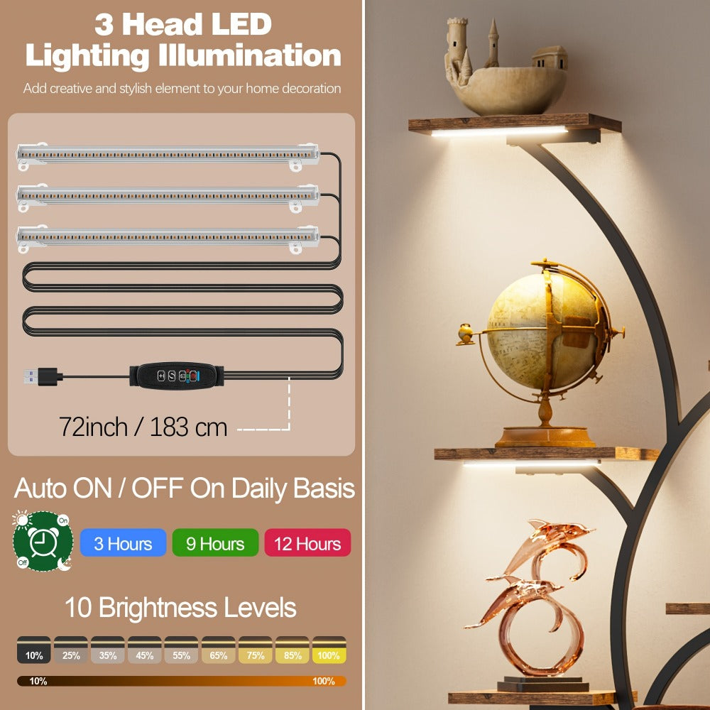LED Corner Display Stand Bookcase 8-Tier 62" Tree Shaped Plant Shelf Metal Shelving Unit for Living Room Bedroom Study Balcony Home Decor Gift