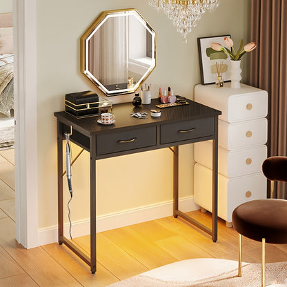 Vanity Small Desk with Light - Fiber Drawers & Adjustable, Easy Assembly, Laptop In Home, Study Or Work, Adjustable
