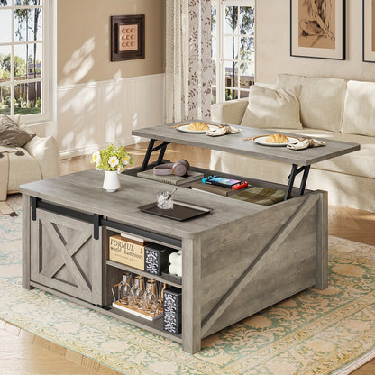Farmhouse Lift Top Coffee Table with Storage, Square Coffee Table with Large Hidden Storage Compartment And Adjustable Shelves for Living Room, Black/White/Grey/Blue
