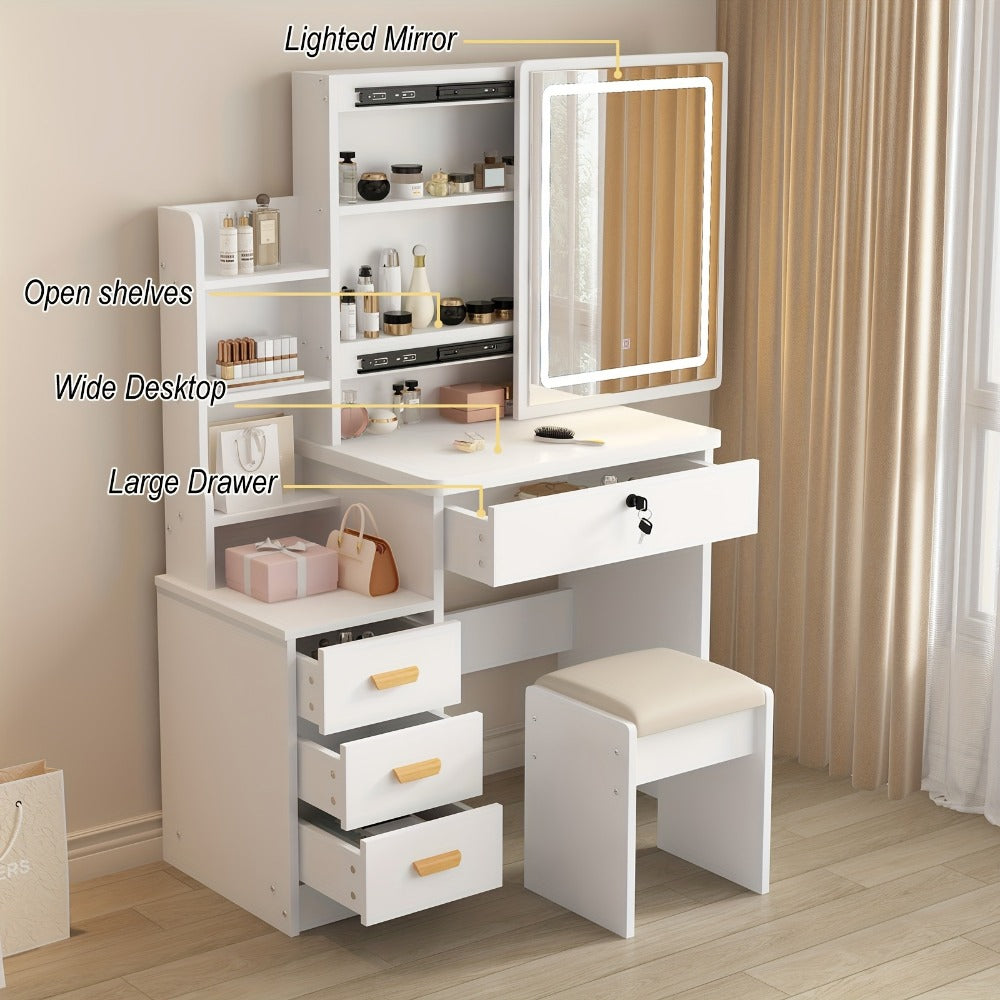 European Lighted Vanity Table with Sliding Mirror | Adjustable LED Lighting, 3 Color Modes, Drawers, Open Shelves & Cushioned Stool – White Makeup Vanity Set
