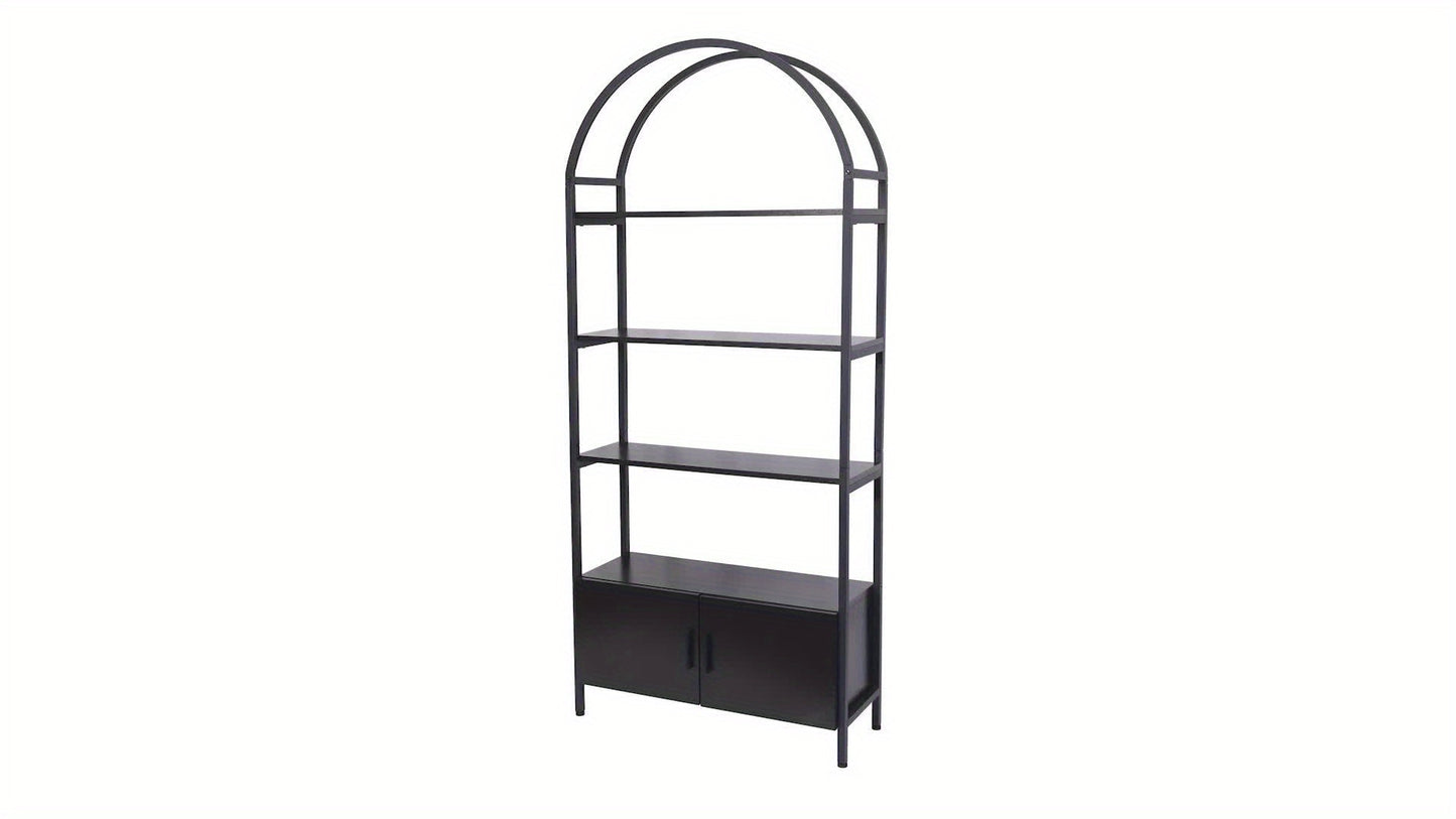 71" Industrial Arched Bookshelf with Doors - Sturdy Metal Frame, Freestanding Display Shelving Unit for Home & Outdoor Leisure