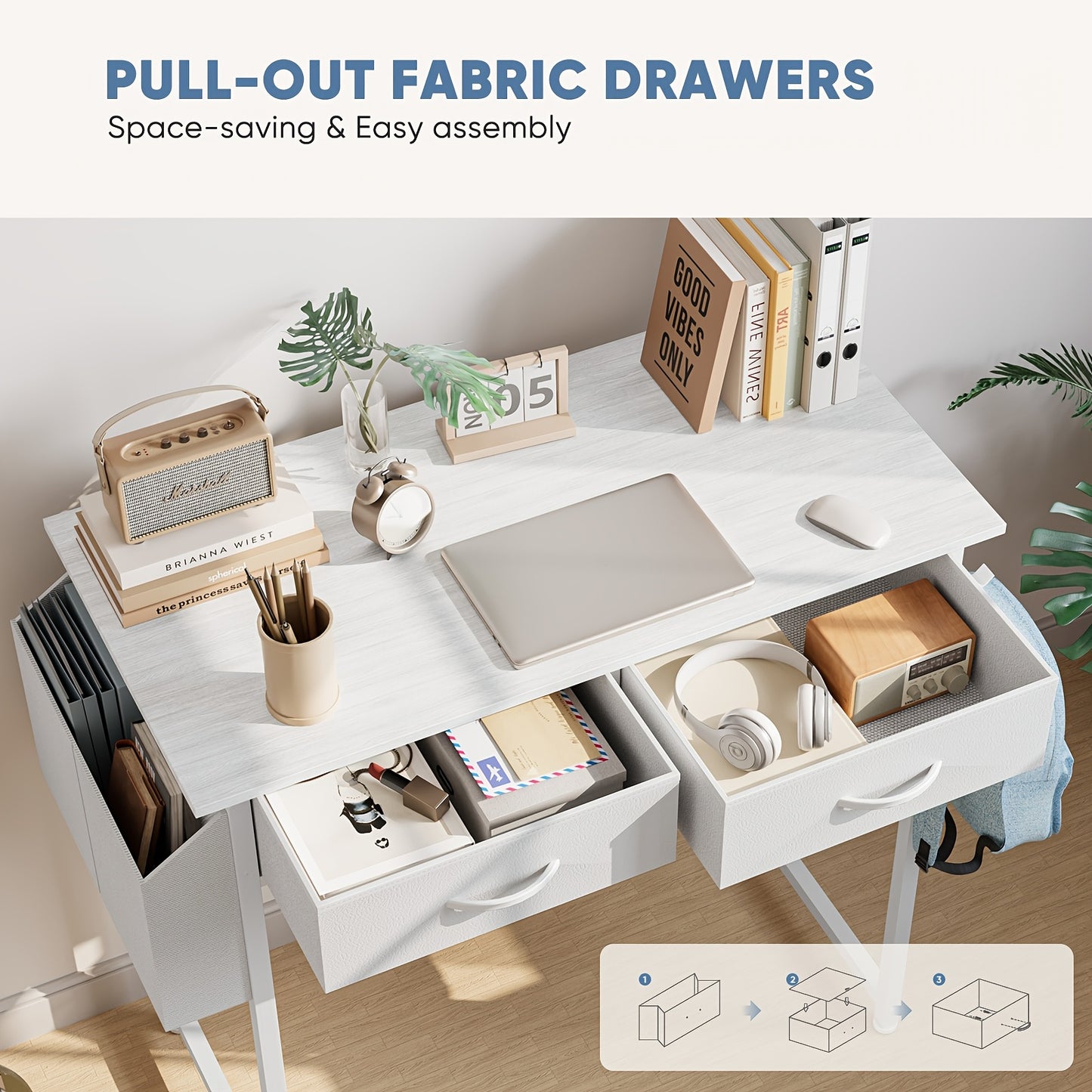 [Makeup Vanity Desk] 32" Small Makeup Vanity Desk with Storage Drawers And Side Bag, Compact Bedroom Dressing Table with Hair Dryer Hook, Modern Study Writing Desk for Small Spaces