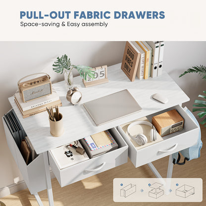 [Makeup Vanity Desk] 32" Small Makeup Vanity Desk with Storage Drawers And Side Bag, Compact Bedroom Dressing Table with Hair Dryer Hook, Modern Study Writing Desk for Small Spaces