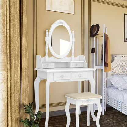 Rotating Mirror Vanity Table with 4 Drawers & Detachable 360° Mirror – Modern Dressing Table with Stool, MDF & Solid Wood, White