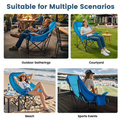 Oversized Rocking Camping Chair, Fully Padded Patio Chair with Cooler Bag and Side Pocket, High Back Portable Lawn Recliner Rocker Chairs for Camp, Patio, Supports 400 lbs