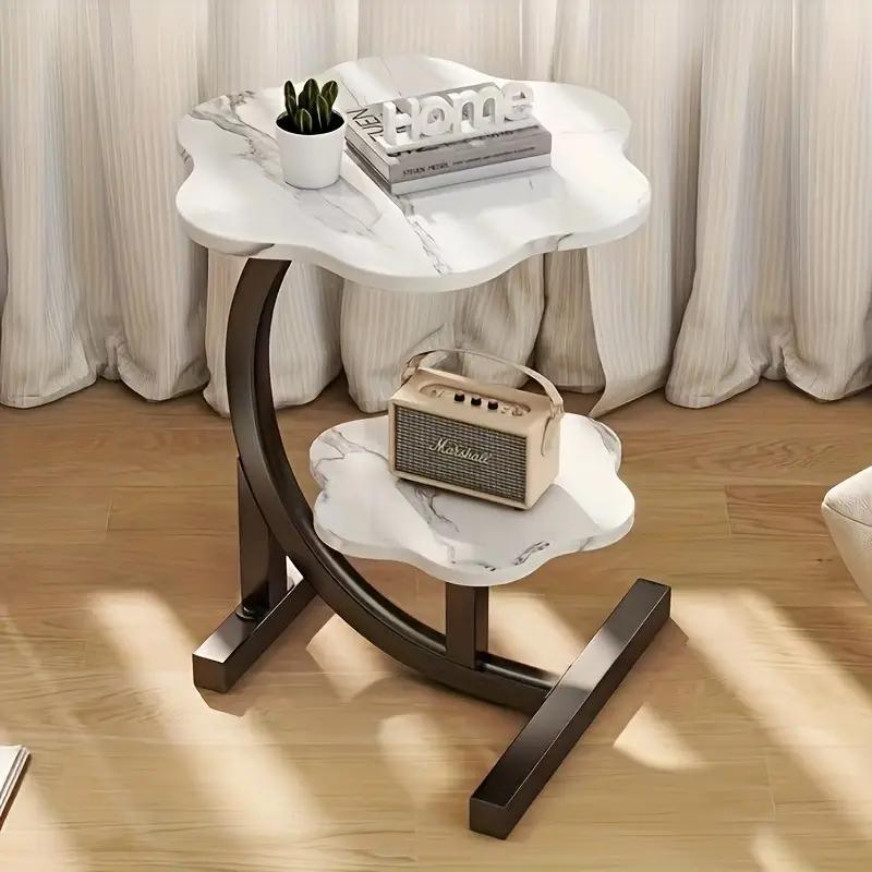 Double-layer petal-shaped side table with metal frame, multi-purpose portable coffee table suitable for sofa end in living room, fiberboard structure, applicable to various models