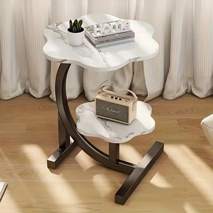 Double-layer petal-shaped side table with metal frame, multi-purpose portable coffee table suitable for sofa end in living room, fiberboard structure, applicable to various models
