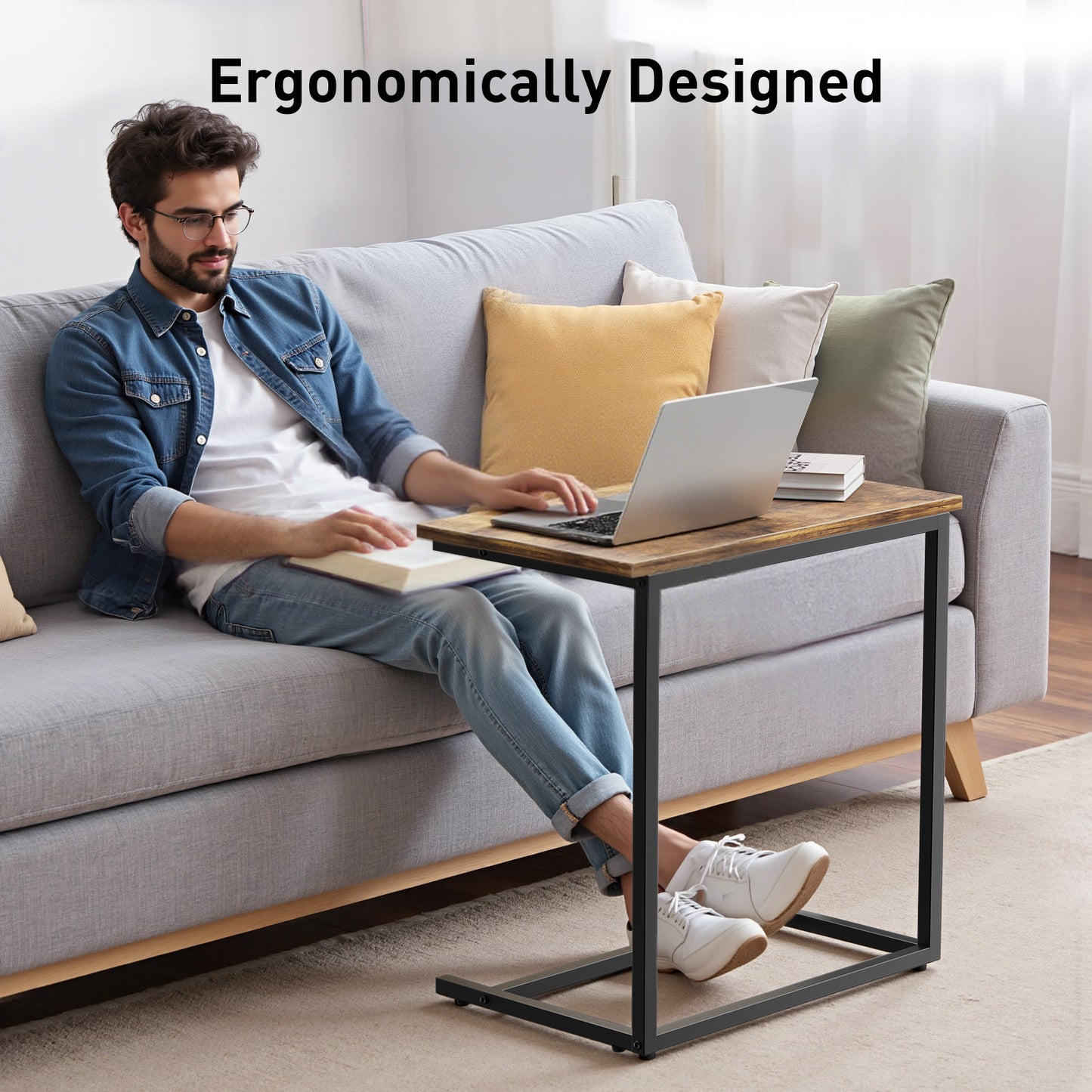 C-Shaped Sofa Side Table, End Table 60 Lbs Weight Capacity, Sturdy Metal Frame, Office Side Table, Suitable for Living Rooms, Bedrooms, Sofas, And Offices.
