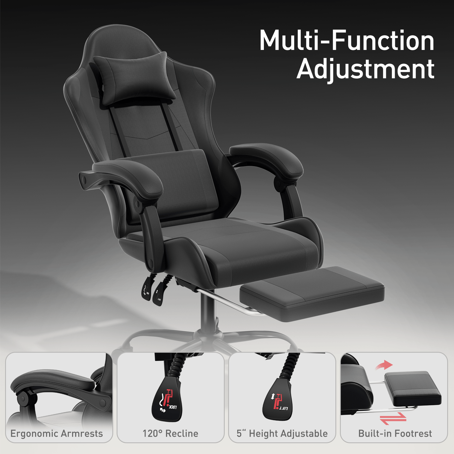 Ergonomic Gaming Chair with Retractable Footrest & Detachable Lumbar Support 360 Degree Swivel Racing Style PU Leather Computer Gaming Chair with Headrest for Home Bedroom Office