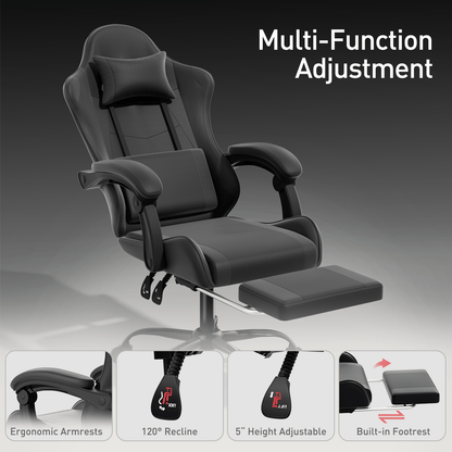 Ergonomic Gaming Chair with Retractable Footrest & Detachable Lumbar Support 360 Degree Swivel Racing Style PU Leather Computer Gaming Chair with Headrest for Home Bedroom Office