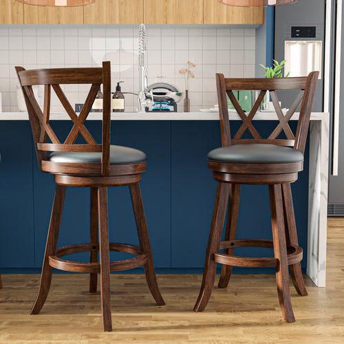 2 Set High Back Swivel Bar Stools with Upholstered Seat & Solid Wood Footrest, Rustic Counter Height Stools for Kitchen & Pubs