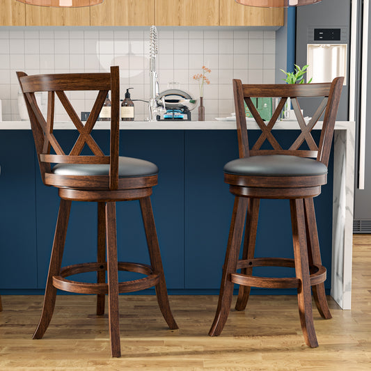 2 Set High Back Swivel Bar Stools with Upholstered Seat & Solid Wood Footrest, Rustic Counter Height Stools for Kitchen & Pubs