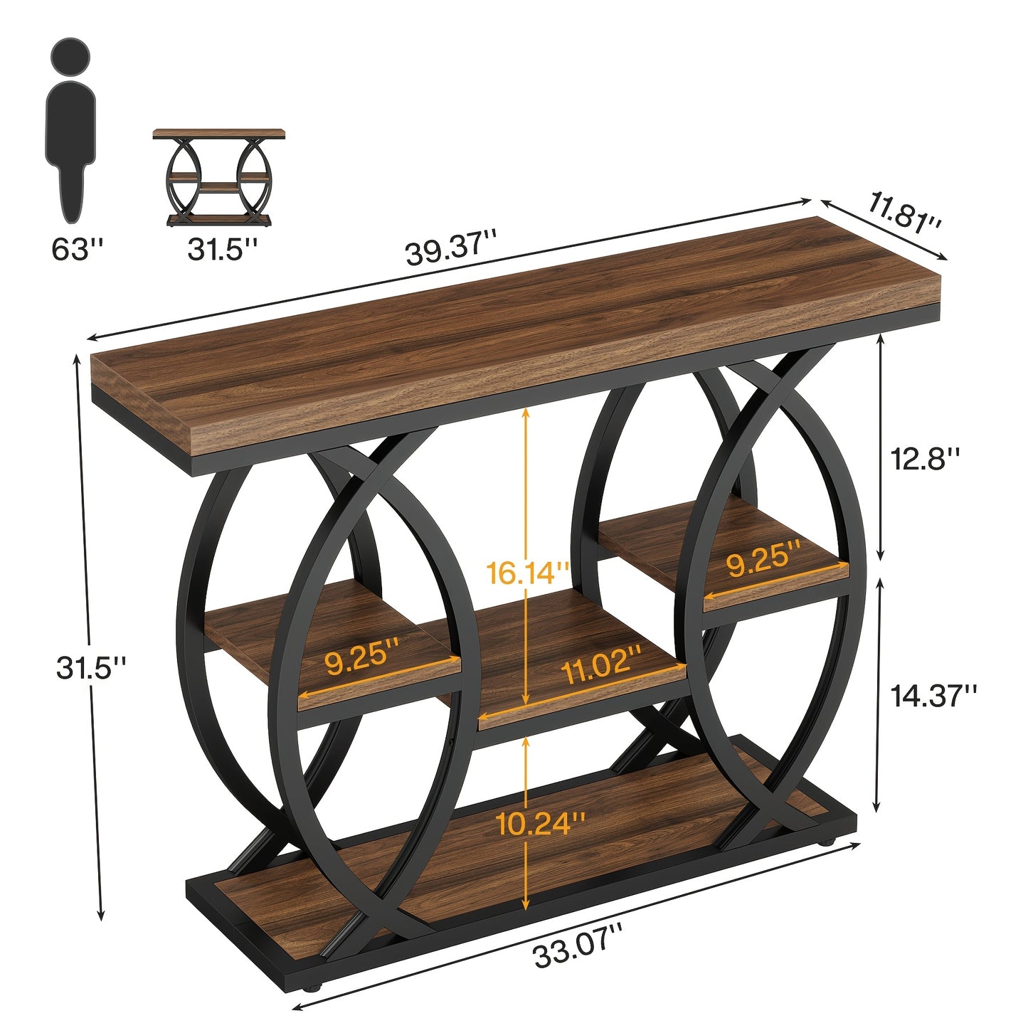 39-Inch Holiday-Themed Console Table, 4-Tier Sofa Side Table with Storage Shelves, Narrow Wood And Metal Frame Decorative Table, Suitable for Small Spaces, Hallway, Entryway, And Christmas