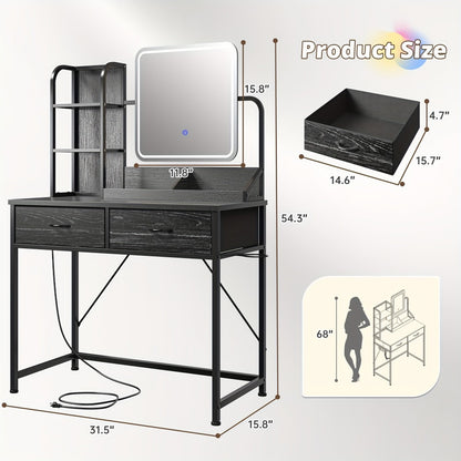 Vanity Desk with Lighted Mirror and Power Strip 5 Large Drawers 3 Color LED Lights Hair Dryer Rack Makeup Dressing Table Set Black White