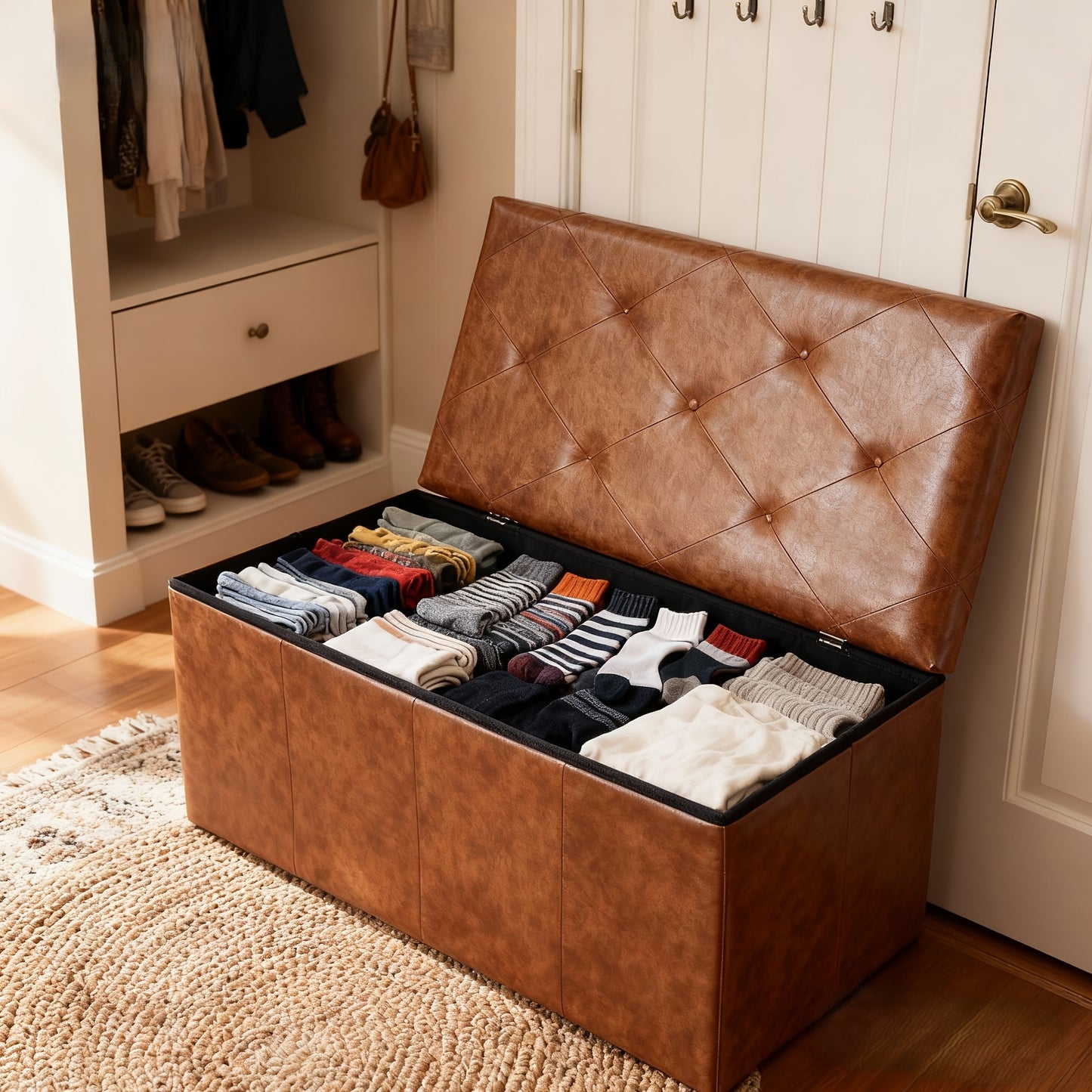 Multi-Functional Ottoman with Storage Bench | Folding Foot Rest Stool, Space-Saving, Load 660 lbs, Upholstered, Classic Style, Hardwood, OLIXIS for Living Room, Bedroom, Office, Dorm