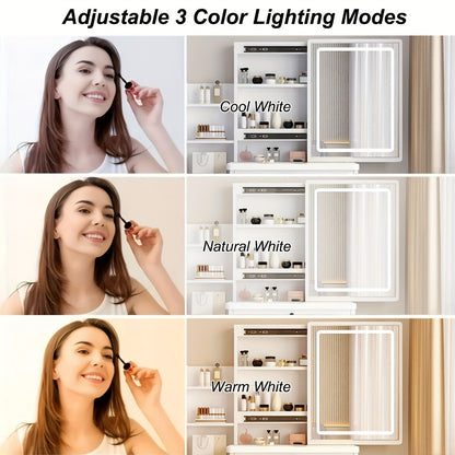European Lighted Vanity Table with Sliding Mirror | Adjustable LED Lighting, 3 Color Modes, Drawers, Open Shelves & Cushioned Stool – White Makeup Vanity Set