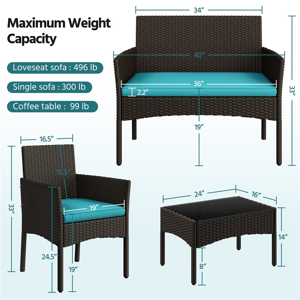 Costoffs Patio Furniture Set 4 Pieces Conversation Sets, Rattan Chair Wicker Set Loveseat with Soft Cushion and Glass Table Halloween Patio Furniture for Backyard Porch Garden Poolside Balcony