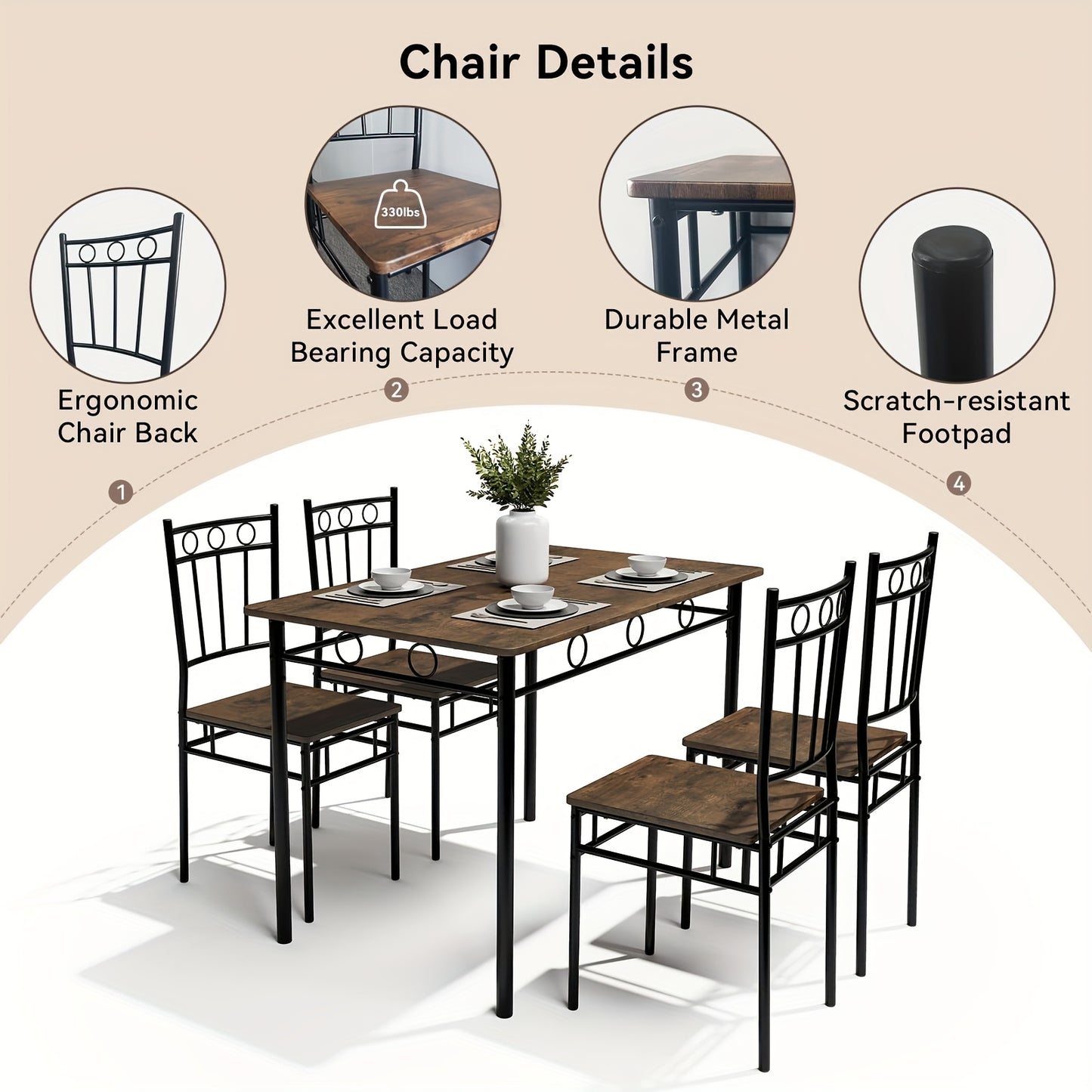 Dining Table Set - 5pcs Rectangular Dining Table Set with 4 Backrest Chairs, High-quality Wooden Kitchen Dining Table And Chairs, Perfect for  Spaces And Apartments