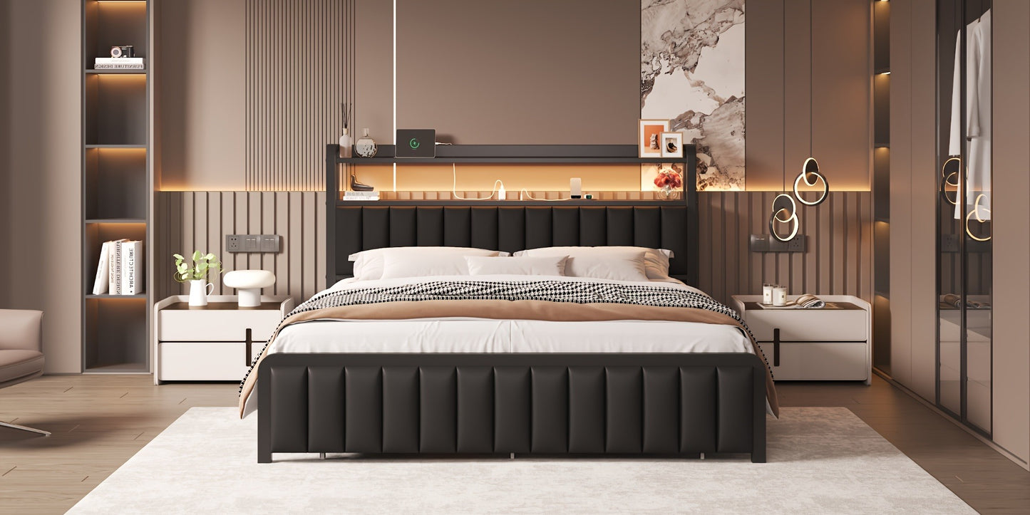 Storage Bed Frame with 2-Tier Headboard & Hidden Drawers – Metal Platform, 12" Under-Bed Space, Full/Queen, Black