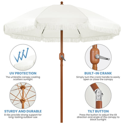 Costoffs 7.5ft/9ft Golf Umbrella with Tassels, Fringe Portable Beach Umbrella, Umbrella Outdoor Patio with Crank Operating Mechanism, Tilting Aluminum Pole, Fiberglass Ribs For Garden, Pool