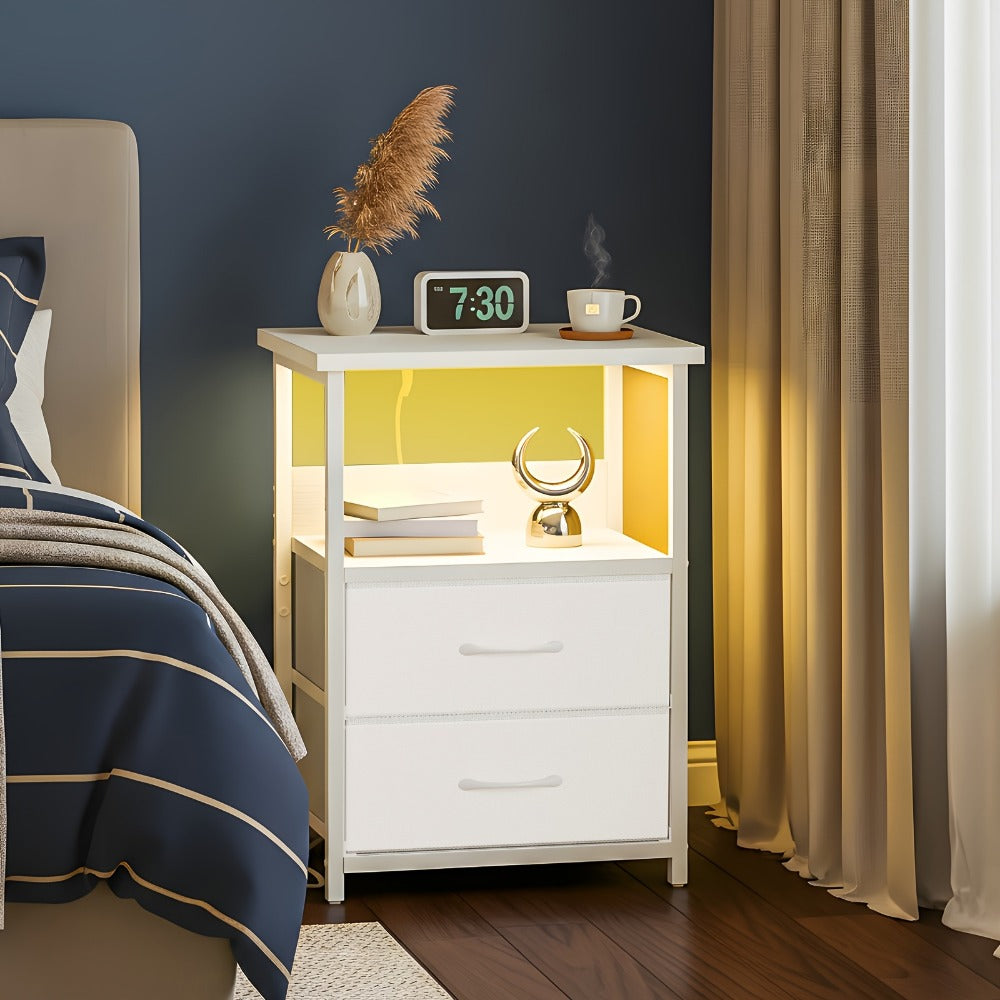 LED Nightstand with Charging Station & USB Ports | Fabric Drawer, PU Coating, Heavy-Duty Bedside Cabinet for Bedroom, Dorm & Home – Black, White, Brown