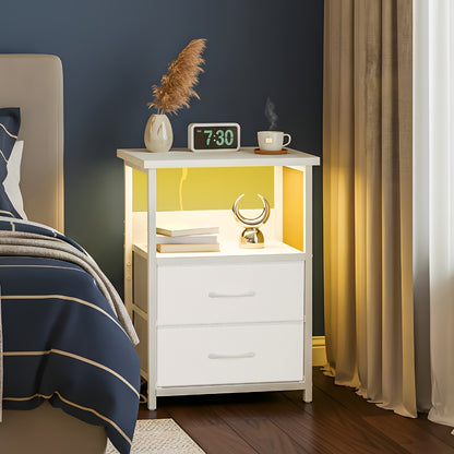 LED Nightstand with Charging Station & USB Ports | Fabric Drawer, PU Coating, Heavy-Duty Bedside Cabinet for Bedroom, Dorm & Home – Black, White, Brown