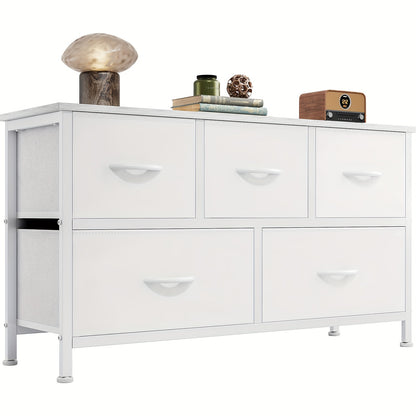 Dresser for Bedroom with 5 Fabric Drawers, Tall Chest Organizer Units for Clothing, Closet, Living Room, Storage Tower with Cabinet, Metal Frame, Wooden Top, Lightweight Furniture, 39.4 X 11.8 X 20.9in