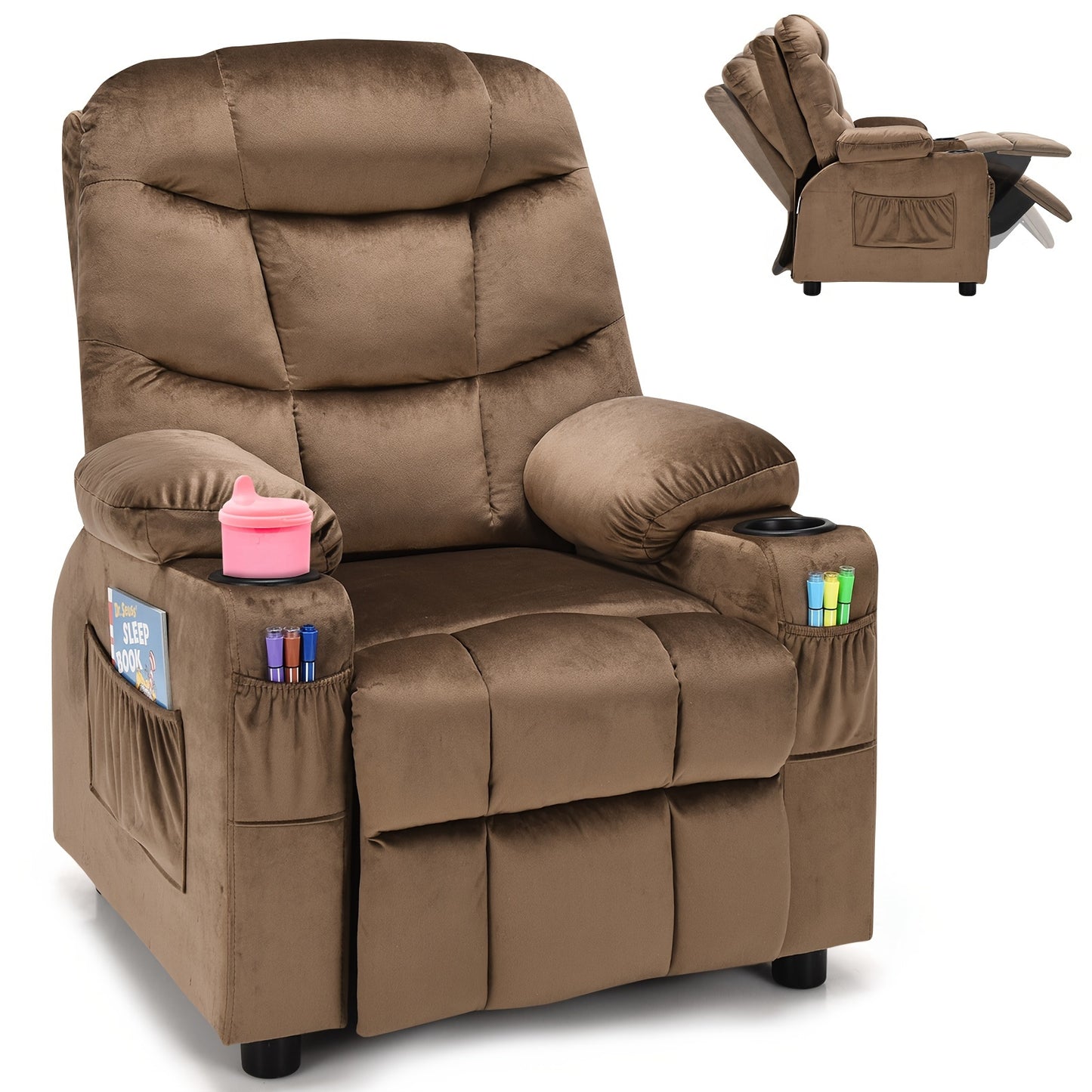 Girls' Pink Velvet Recliner Chair with Cup Holder & Storage Pocket - Heavy-Duty 300lb Capacity, Ergonomic Backrest & Armrests, Manual Recliner with Safety Belt - Modern Soft Cushioned Lounge Chair for Kids & Teens, Easy Assembly, Ideal for Bedroom, Living