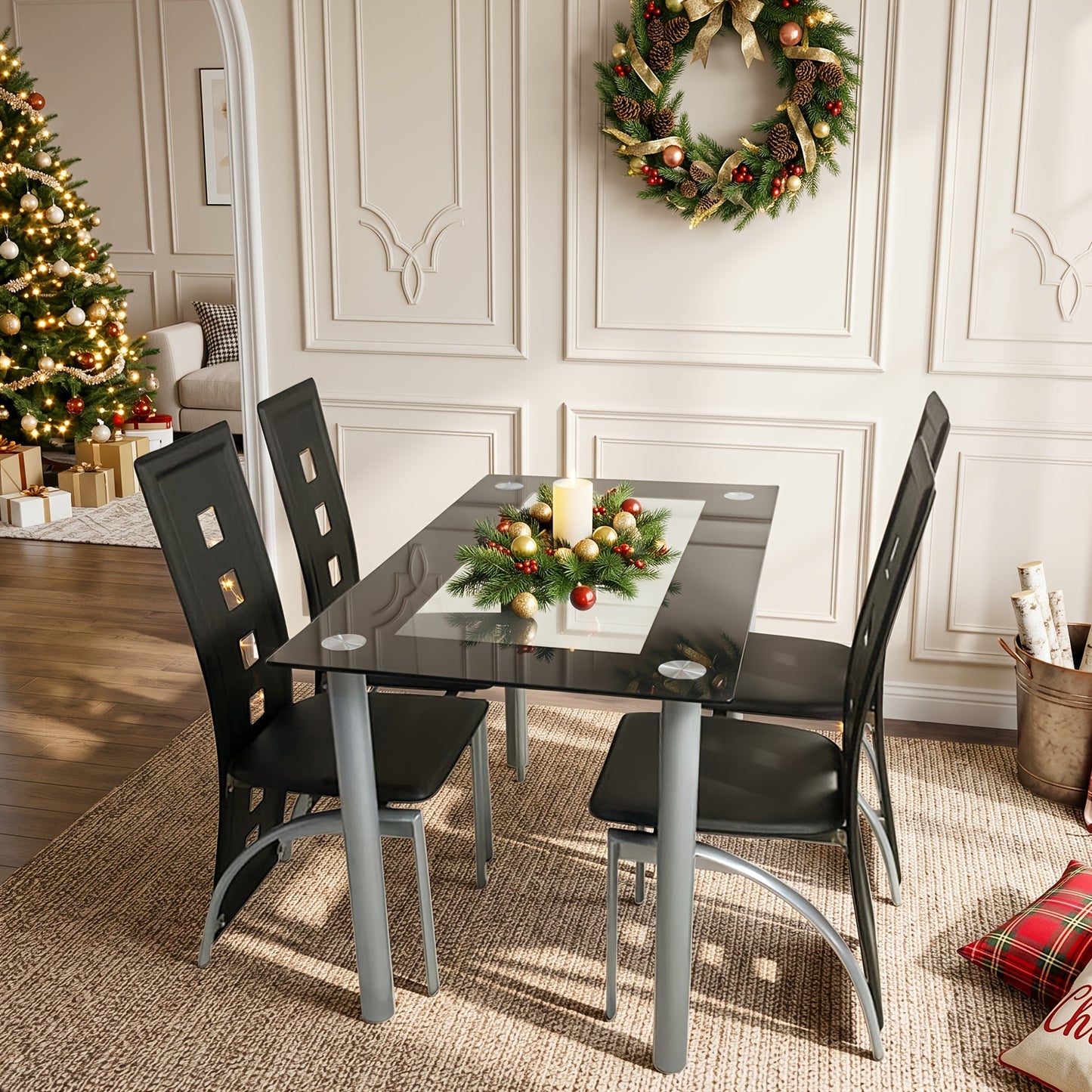 4pcs Hollow Decoration PU Leather Dining Chair Black