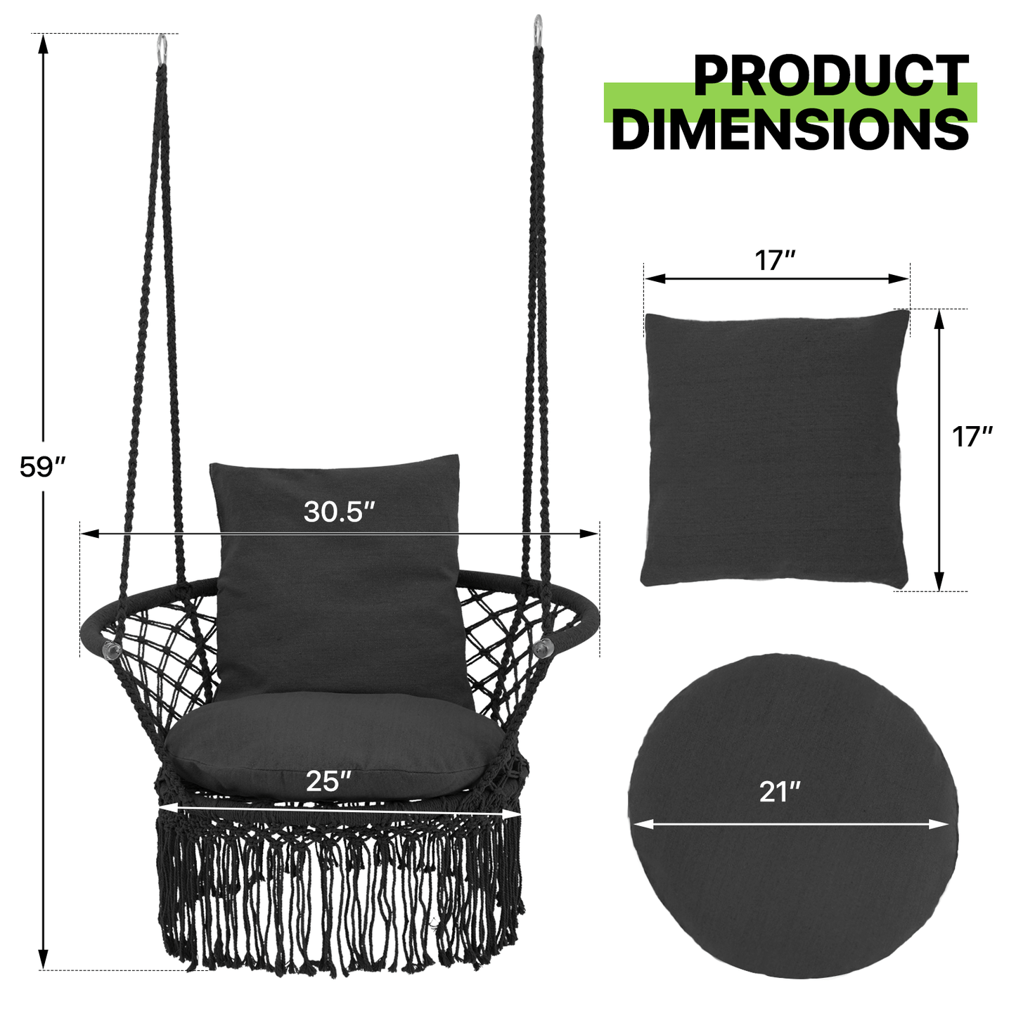 Magshion Macrame Hanging Swing Chair, Boho Style Hanging Rope Hammock Chair w/Tassels Max 350 lbs for Porch, Balcony,Outdoor